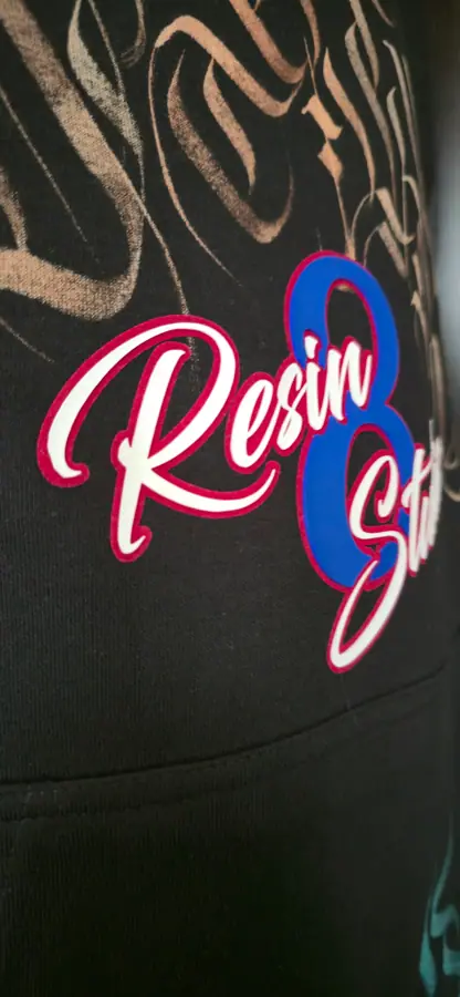 Close-up of print and embroidery detail on a garment by Resin 8 Studios