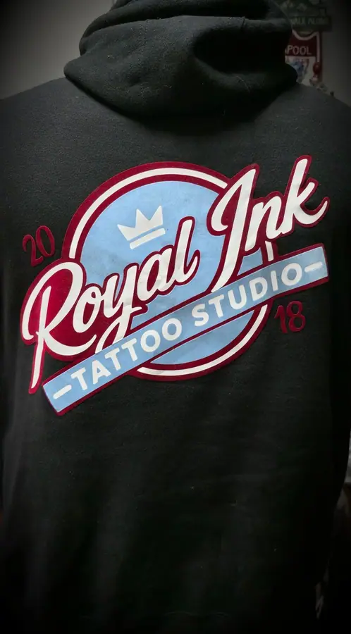 Custom printed hoodie produced in the Resin 8 Studios apparel workshop