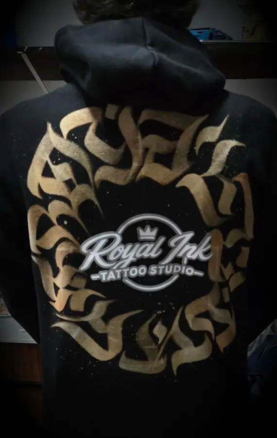 Custom printed hoodie produced in the Resin 8 Studios apparel workshop