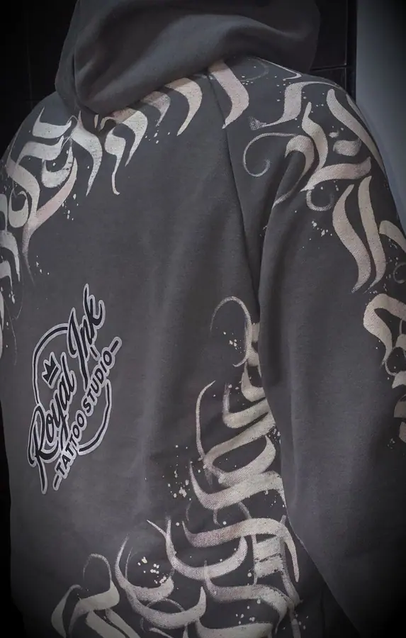 Custom printed hoodie produced in the Resin 8 Studios apparel workshop