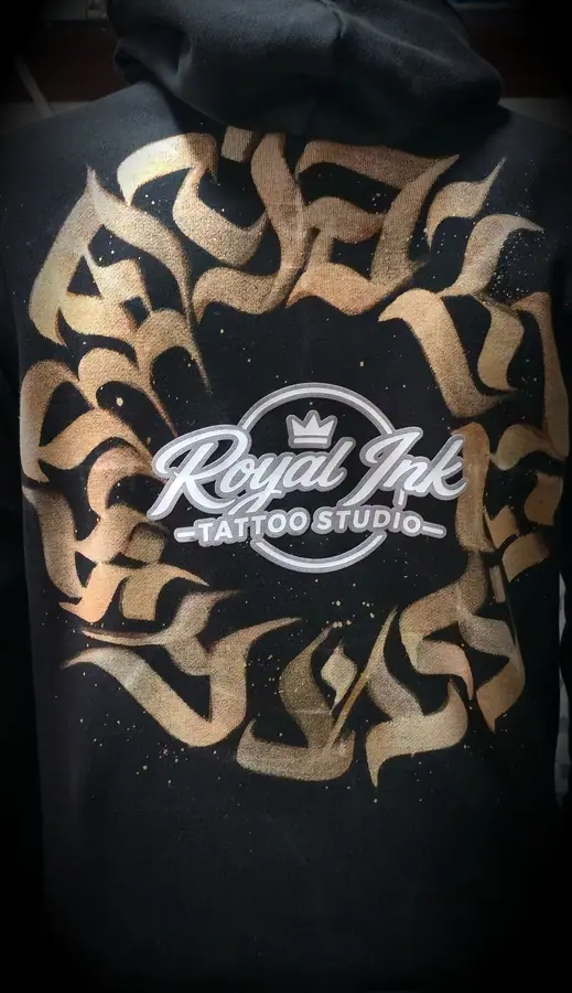 Custom printed hoodie produced in the Resin 8 Studios apparel workshop