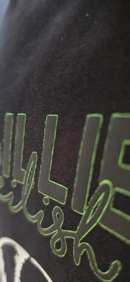 Close-up of print and embroidery detail on a garment by Resin 8 Studios